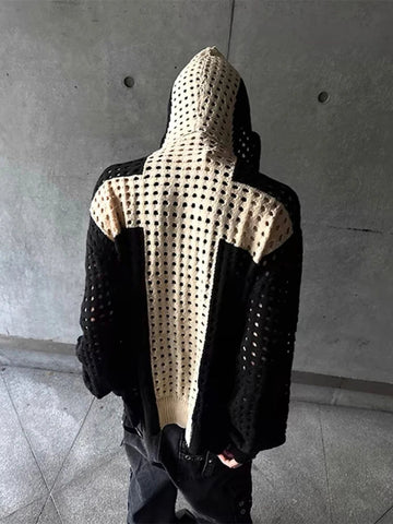 AIDASE  -  Mens Clothing Cross Hollow Wool Knit Hooded Shoulder High Street Loose Sweater Hoodie Zipper Jacket Autumn/Spring ropa hombre aidase-shop